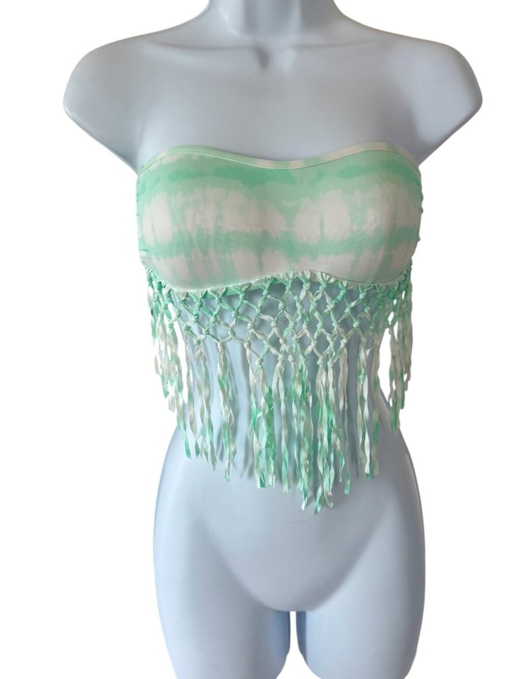 Green White Tie-Dye Fringe Bandeau Bikini Top with Knotted Tassel Small